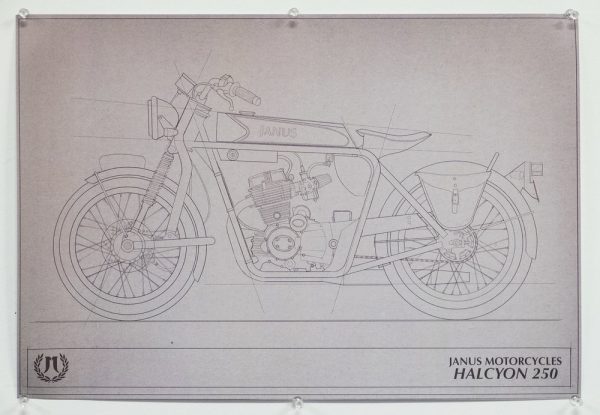 Engineering blueprint of Janus Halcyon 250 motorcycle on display.