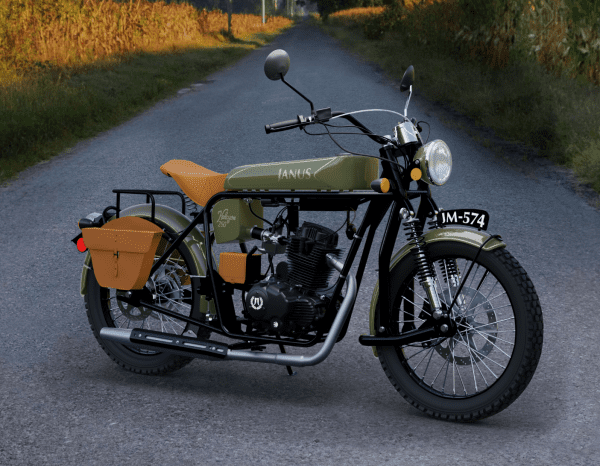 Vintage style motorcycle parked on a rural road at dusk.