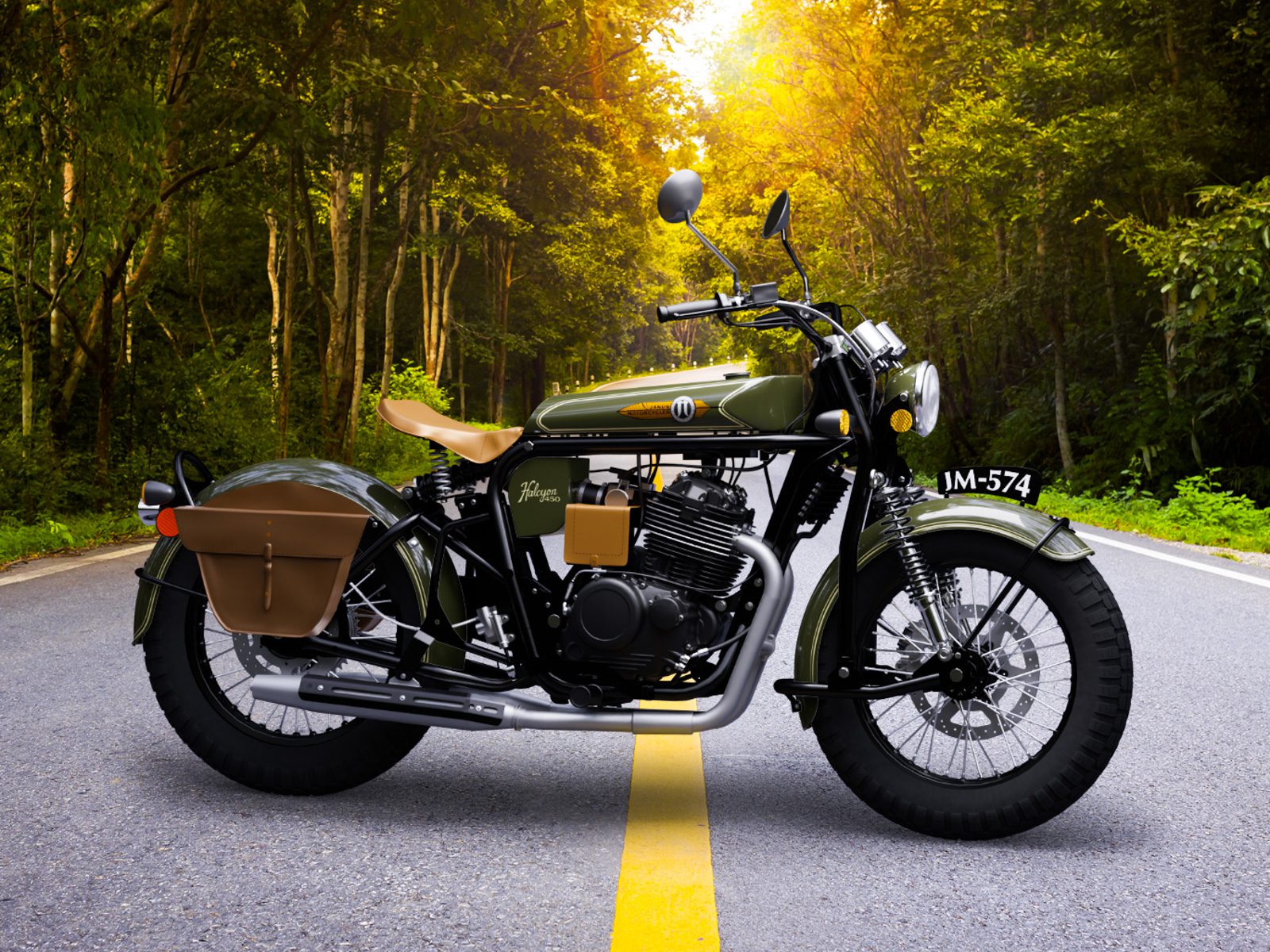 Classic green motorcycle parked on a forest road at sunset.