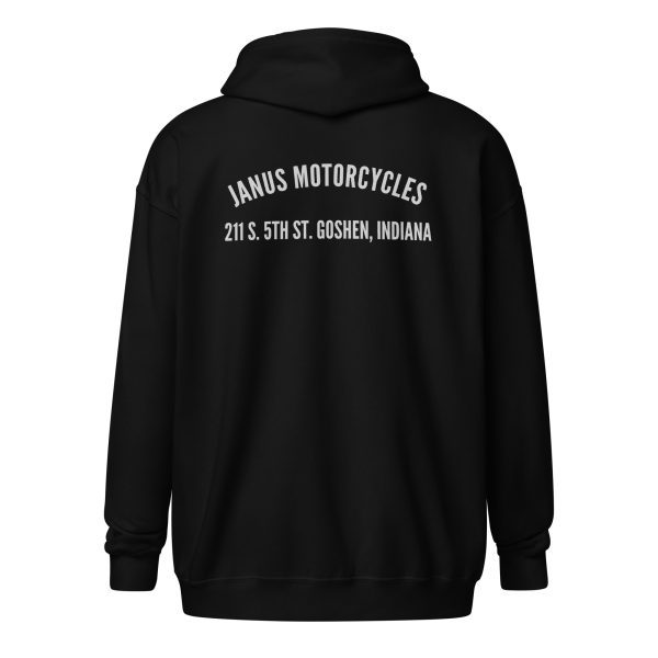 Black hoodie with Janus Motorcycles logo and address on back.