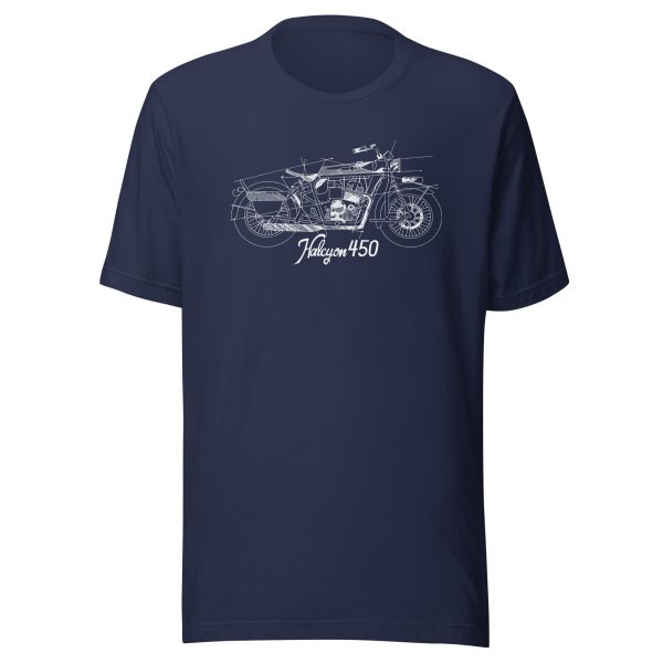 Navy blue t-shirt with vintage motorcycle print Halcyon 450 illustration.