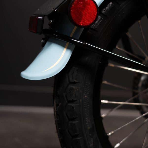 Close-up of motorcycle rear wheel with tail light and fender.