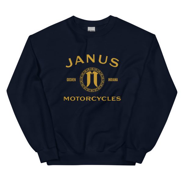 Navy blue sweatshirt with Janus Motorcycles logo in gold print.