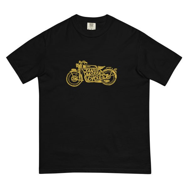 Black t-shirt with yellow Janus Motorcycles graphic print.