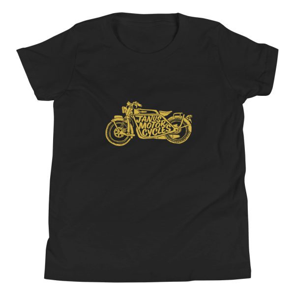 Black t-shirt with yellow Janus Motorcycles graphic print.