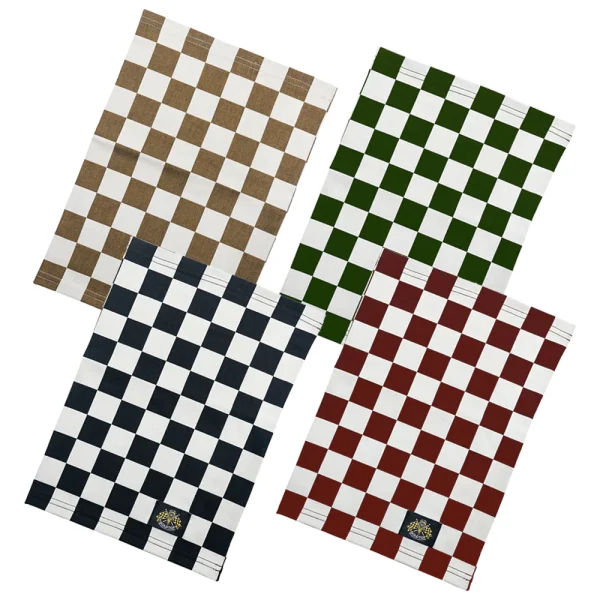 Four variously colored checkered cloths on white background.