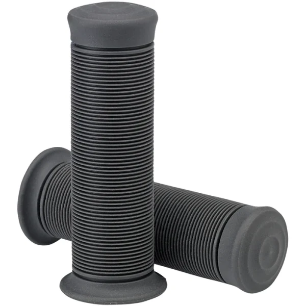 Black ribbed bicycle handlebar grips isolated on a white background.