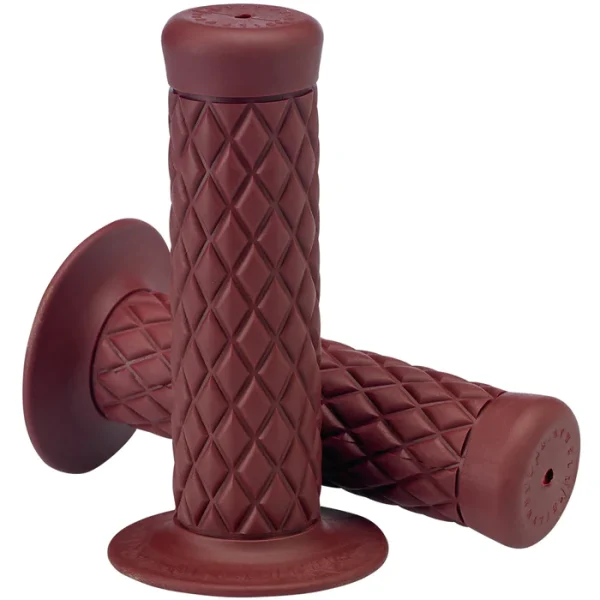 Brown diamond-patterned bicycle handlebar grips on a white background.